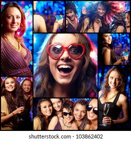 Collage Of Partying Girls Having Fun In Night Club