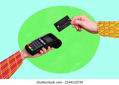 Collage of payment terminal plastic debit card shopping center consumerism customer on color pop artwork background
