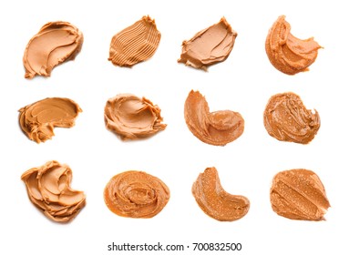 Collage of peanut butter on white background