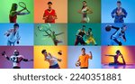 Collage. People, atheletes of different age doing various sports isolated over mulricolored background in neon. Concept of action, motion, sport life, motivation, competition. Copy space for ad.
