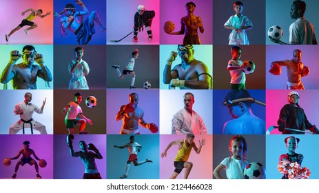 Collage. People, atheletes of different age doing sports isolated over mulricolored background in neon. Sportive men, women, children. Concept of sport, active and healthy lifestyle. Copy space for ad