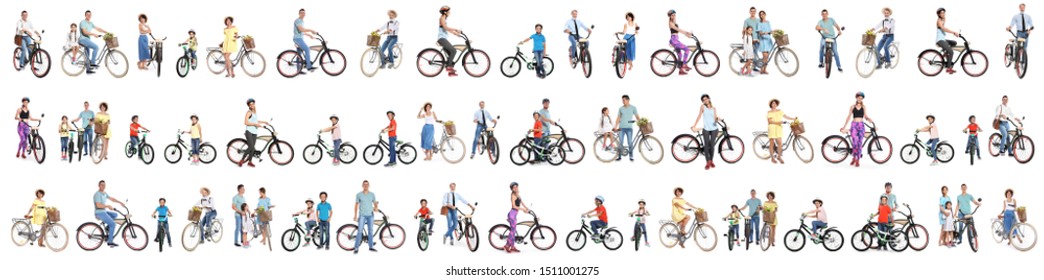 Collage of people with bicycles on white background - Shutterstock ID 1511001275