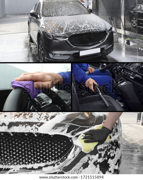 Collage of people cleaning automobiles at car\
wash, closeup