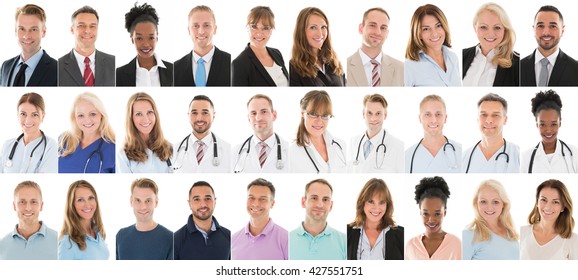 Collage Of People With Different Occupation In A Row Over White Background