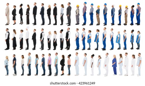 Collage Of People With Different Occupations Standing In Line Against White Background