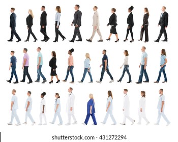 Collage Of People From Different Occupations Walking In Line Against White Background