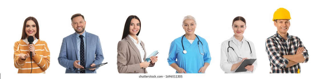 Collage With People Of Different Professions On White Background. Banner Design 