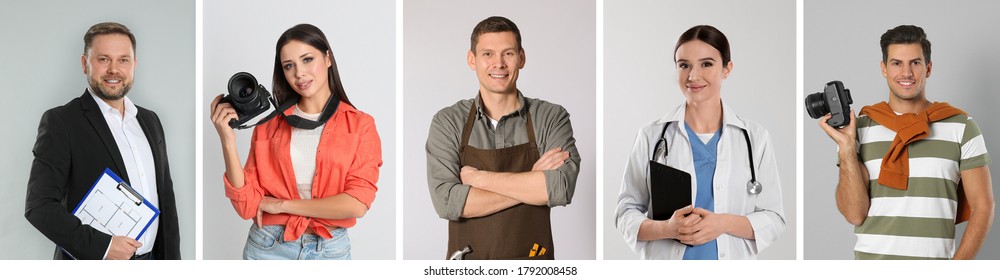 Collage With People Of Different Professions On Grey Background. Banner Design 