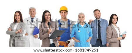 Collage with people of different professions on white background. Banner design 