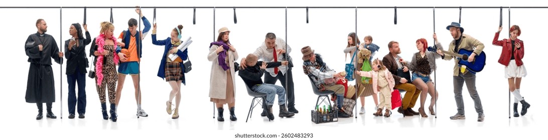 Collage. People in dynamic interaction, some standing, others sitting, reflecting contrasts of urban society through expressions and outfits inside public transport. Concept of social differences.