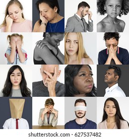 Collage Of People Face Expression Worried Unhappy