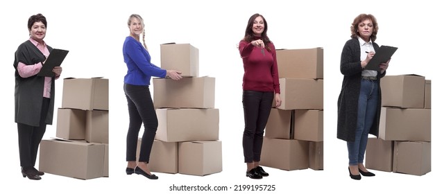 Collage Of People Lifting Heavy Cardboard Box Isolated