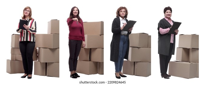 Collage Of People Lifting Heavy Cardboard Box Isolated