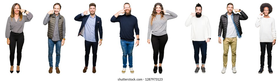 Collage of people over white isolated background Pointing with hand finger to face and nose, smiling cheerful