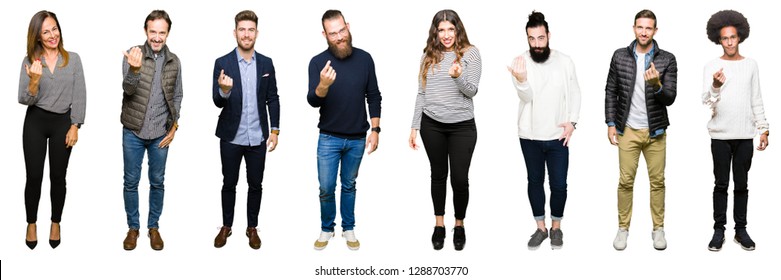 Collage Of People Over White Isolated Background Beckoning Come Here Gesture With Hand Inviting Happy And Smiling