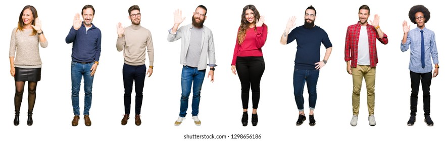 Collage Of People Over White Isolated Background Waiving Saying Hello Happy And Smiling, Friendly Welcome Gesture