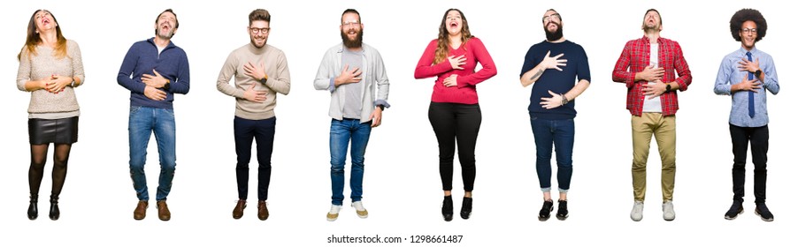 Collage Of People Over White Isolated Background Smiling And Laughing Hard Out Loud Because Funny Crazy Joke. Happy Expression.