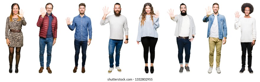 Collage of people over white isolated background showing and pointing up with fingers number five while smiling confident and happy. - Shutterstock ID 1332802955