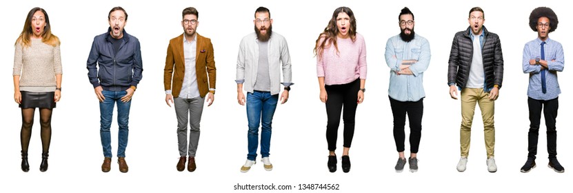 Collage of people over white isolated background afraid and shocked with surprise expression, fear and excited face. - Shutterstock ID 1348744562