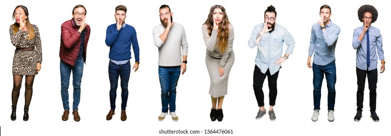 Collage Of People Over White Isolated Background Hand On Mouth Telling Secret Rumor, Whispering Malicious Talk Conversation