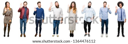 Collage of people over white isolated background Waiving saying hello happy and smiling, friendly welcome gesture
