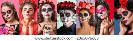 Collage of people with painted skulls on faces. Celebration of Mexico's Day of the Dead (El Dia de Muertos)