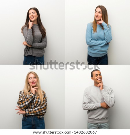 Collage of people thinking an idea while looking up