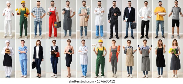 Collage with people in uniforms of different professions 