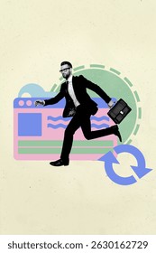 Collage of person with web interface and sync icon representing freelance work online profile resume business analytics