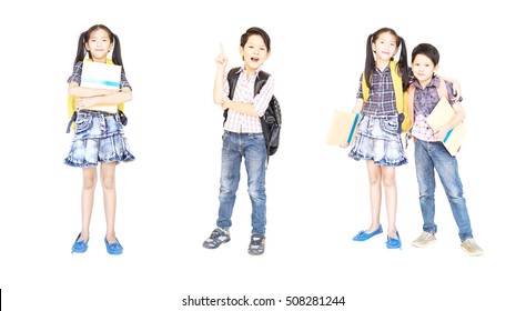 Collage Photo Of 10 And 7 Years Old Asian School Girl And Boy Standing And Holding Book Isolated Over White