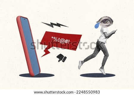 Collage photo of absurd headless woman blogger running away phone from abuse cyberbullying dislikes comments crying isolated white color background
