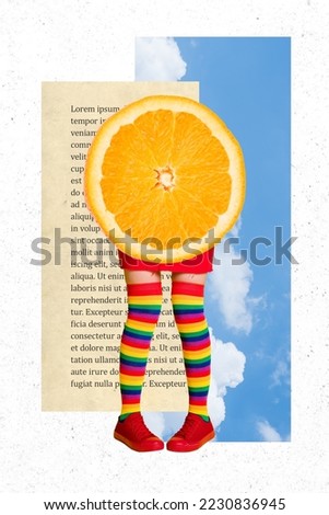 Collage photo of absurd legs without body fantastic fresh half juice wear lgbt socks sky heaven book behind vacation