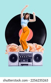 Collage photo artwork of young funny relax lady wear summer outfit chill have fun cassette recorder retro vinyl disc vibe isolated on blue background - Shutterstock ID 2256235263