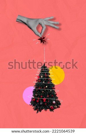 Collage photo banner of decoration christmas tree hold red star detail abstract hand hold finish preparation toy isolated on red color background