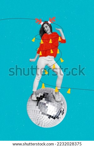 Collage photo banner of young excited lady dancing wear deer horns overjoyed celebrate new year vibe stay discoball isolated on blue background