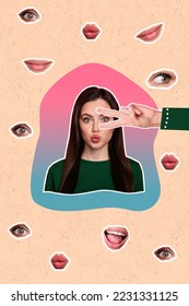 Collage photo banner young lady popular blogger cadre pouted lips showing v  sign sticker childish person isolated gradient color background
