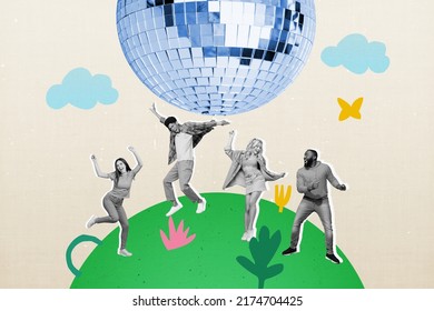 Collage photo of black white best friends have fun on dancing floor under disco ball isolated on lawn painting background - Powered by Shutterstock