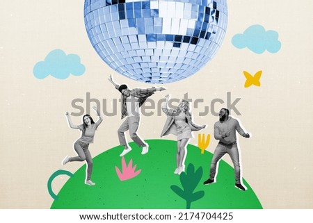 Collage photo of black white best friends have fun on dancing floor under disco ball isolated on lawn painting background