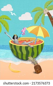 Collage Photo Of Black White Girl Swimming In Watermelon Cocktail Relaxing On Tropical Island Isolated On Beach Painting Background