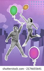 Collage Photo Of Black And White Grandpa And Granddaughter Have Fun Together Play With Balloons In City Town Isolated On Violet Background