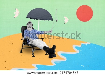 Collage photo of black white grandpa relaxing on deserted beach flying seagulls catch fish isolated on colorful painting background