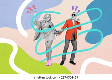 Collage Photo Of Black White Wealthy Couple Surrounded By Lines Have Fun In Nightclub Together Isolated On Colorful Background