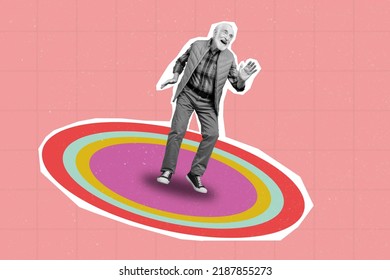 Collage Photo Bright Sketch Of Senior Retired Old Man Dancing On Colored Circles Dance Floor Have Fun Isolated On Pink Color Background