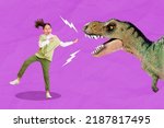 Collage photo of childish girl shocked pointing dinosaur amusement park wow scream isolated on purple color background