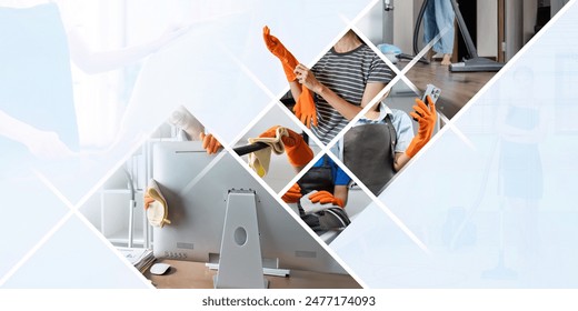 Collage photo of cleaning service Professional Cleaning Group Performing Cleaning Tasks household chores - Powered by Shutterstock