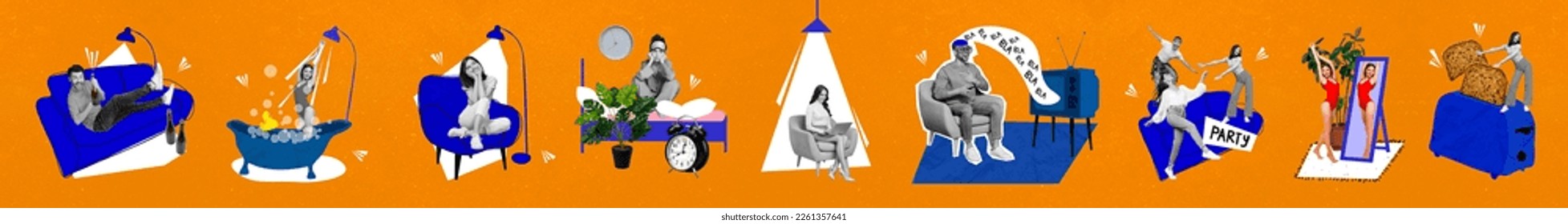 Collage photo collection of people stay safe home chill out watching tv lying couch make breakfast toasted bread isolated on orange background