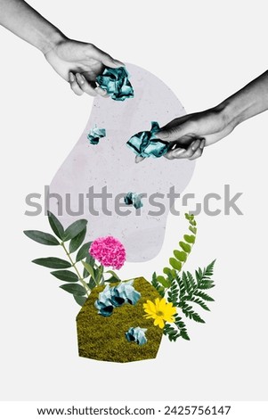 Collage photo concept of ecosystem damage throwing paper trash banknotes and rubbish pollution garden isolated on white background