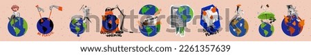 Collage photo concept panorama stickers of dying planet earth global warming air pollution plastic garbage reduce isolated on beige background