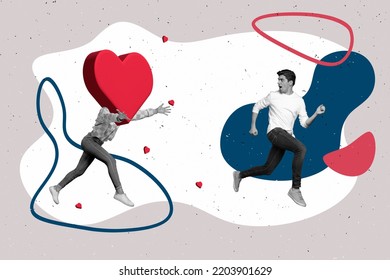 Collage photo of couple man girlfriend run away from love ignorant hug please be together isolated on grey color background