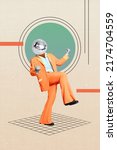 Collage photo of crazy energetic dancing disco ball man enjoy retro style party isolated on pastel geometry pattern background